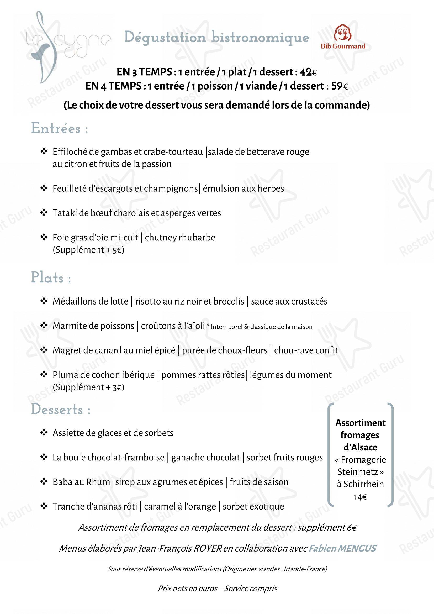 Menu pour Restaurant Le Cygne restaurant