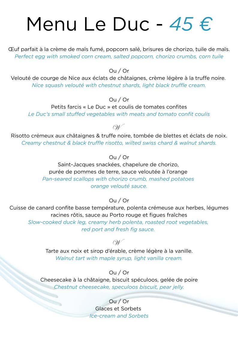 Menu de Restaurant Le Duc - Nice