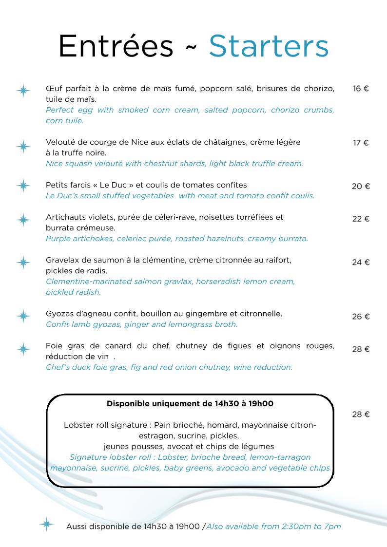 Menu de Restaurant Le Duc - Nice