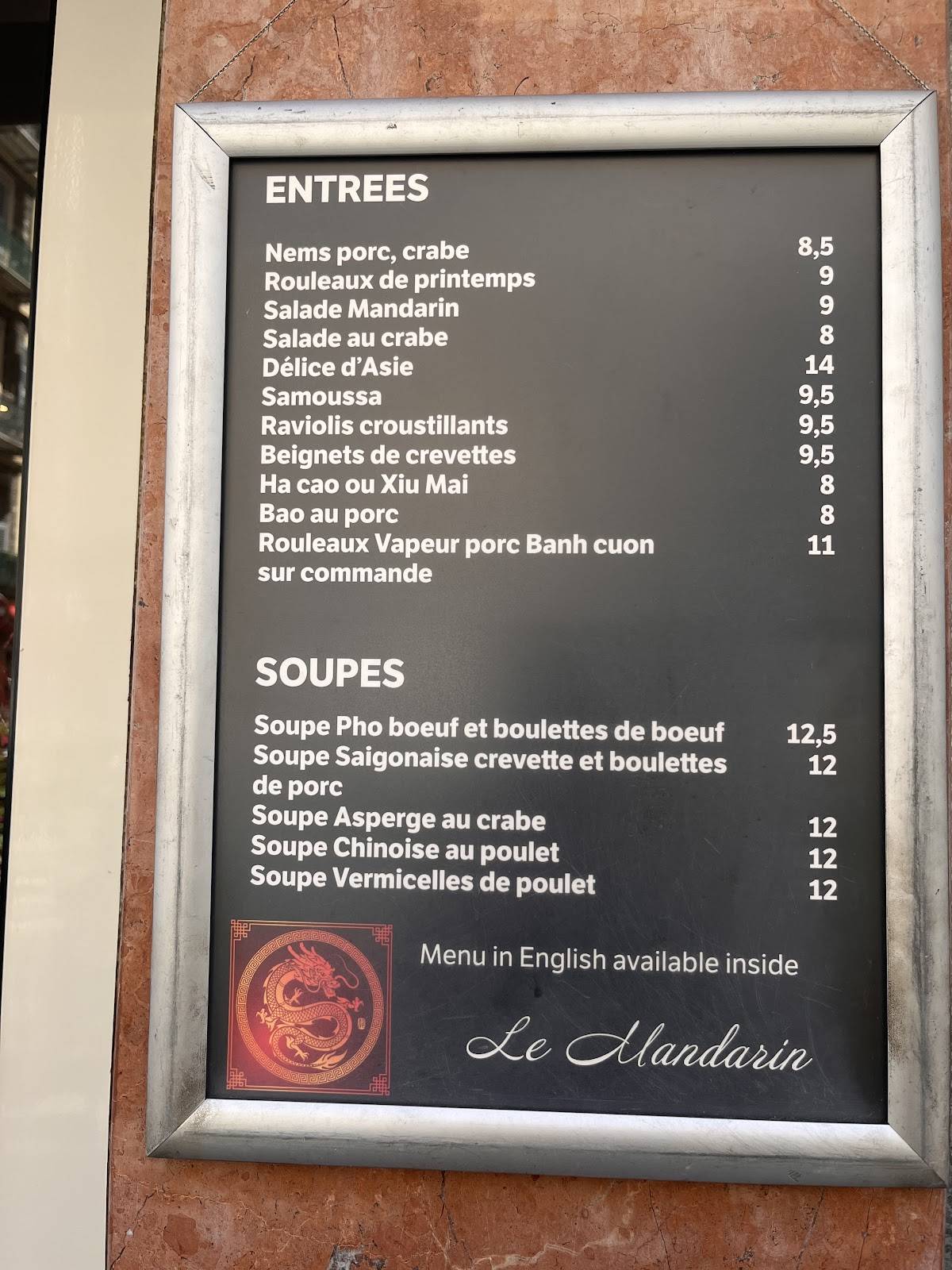 Menu de Le Mandarin