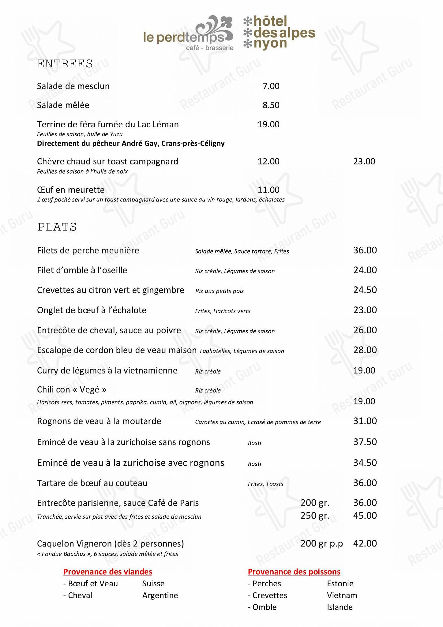 Hôtel des Alpes et Restaurant Le Perdtemps in Nyon - Restaurant Menu
