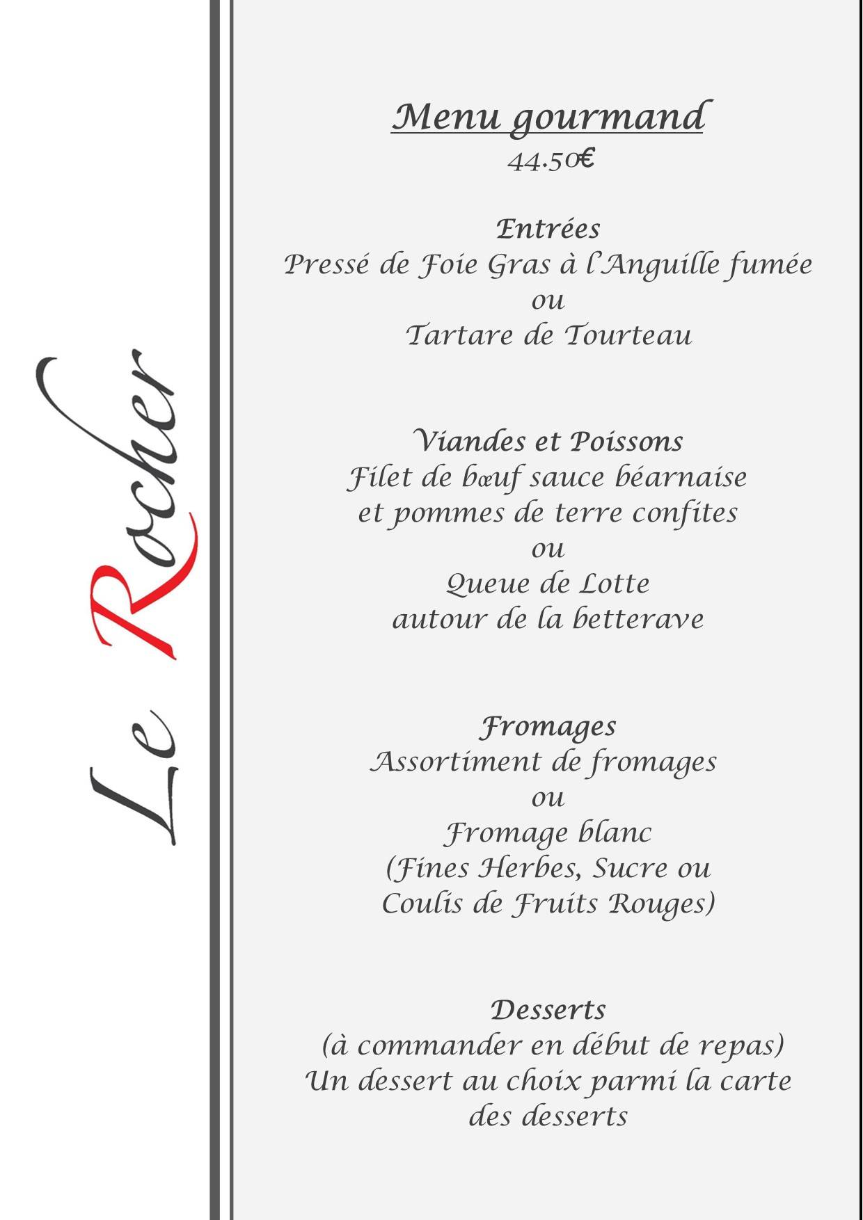 Menu de Restaurant Le Rocher
