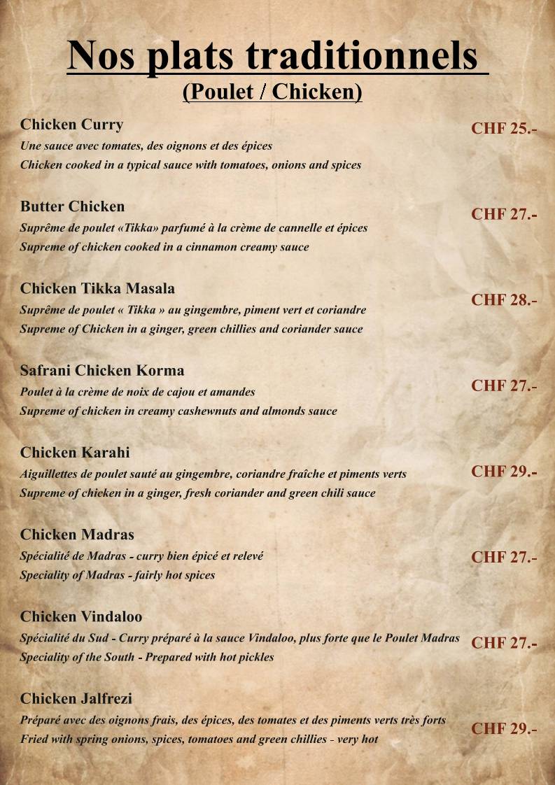Menu di Le Safran - Restaurant Indien à Genève 