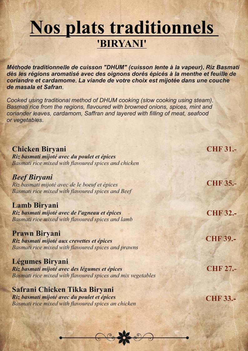 Menu di Le Safran - Restaurant Indien à Genève 