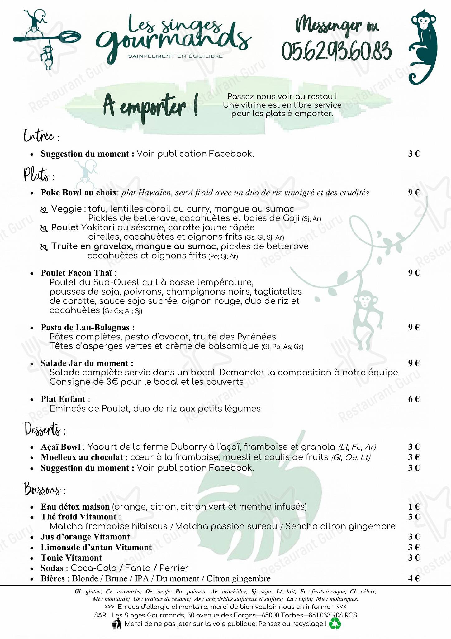 Menu au Les Singes Gourmands restaurant, Tarbes — free download