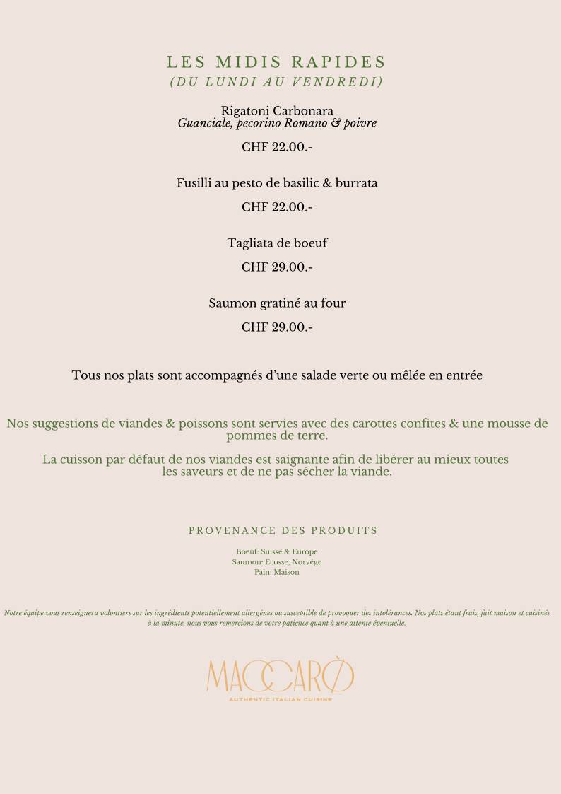 Menu di Restaurant Maccaro Pizzeria à Neuchâtel 