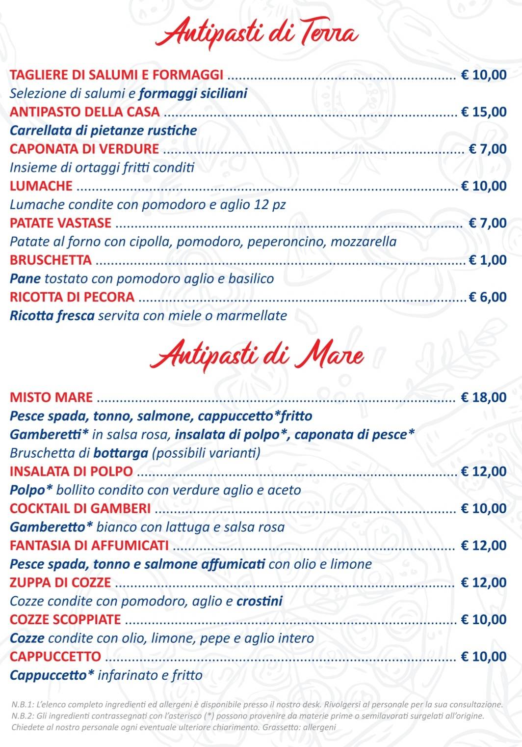 Menu di MiraMonte ristorante pizzeria