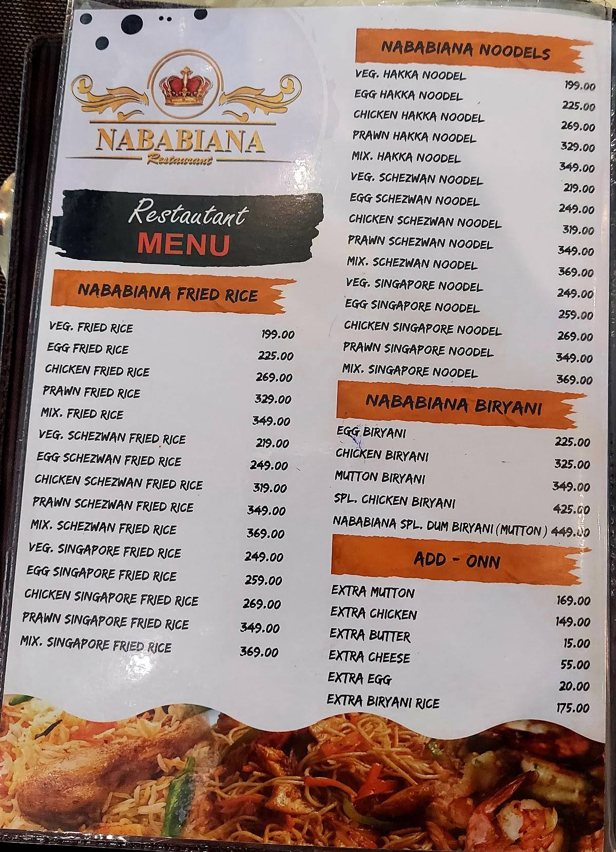 Nababiana Restaurant menu