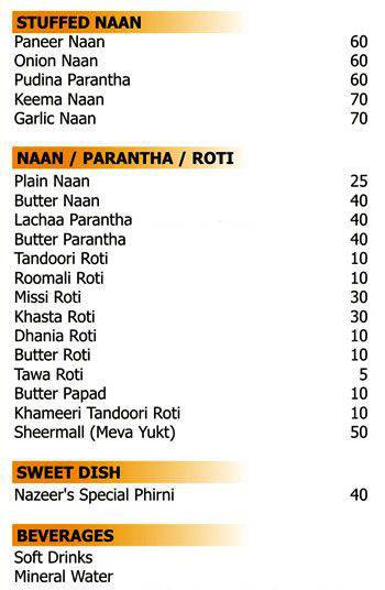 Nazeers Delicacies menu