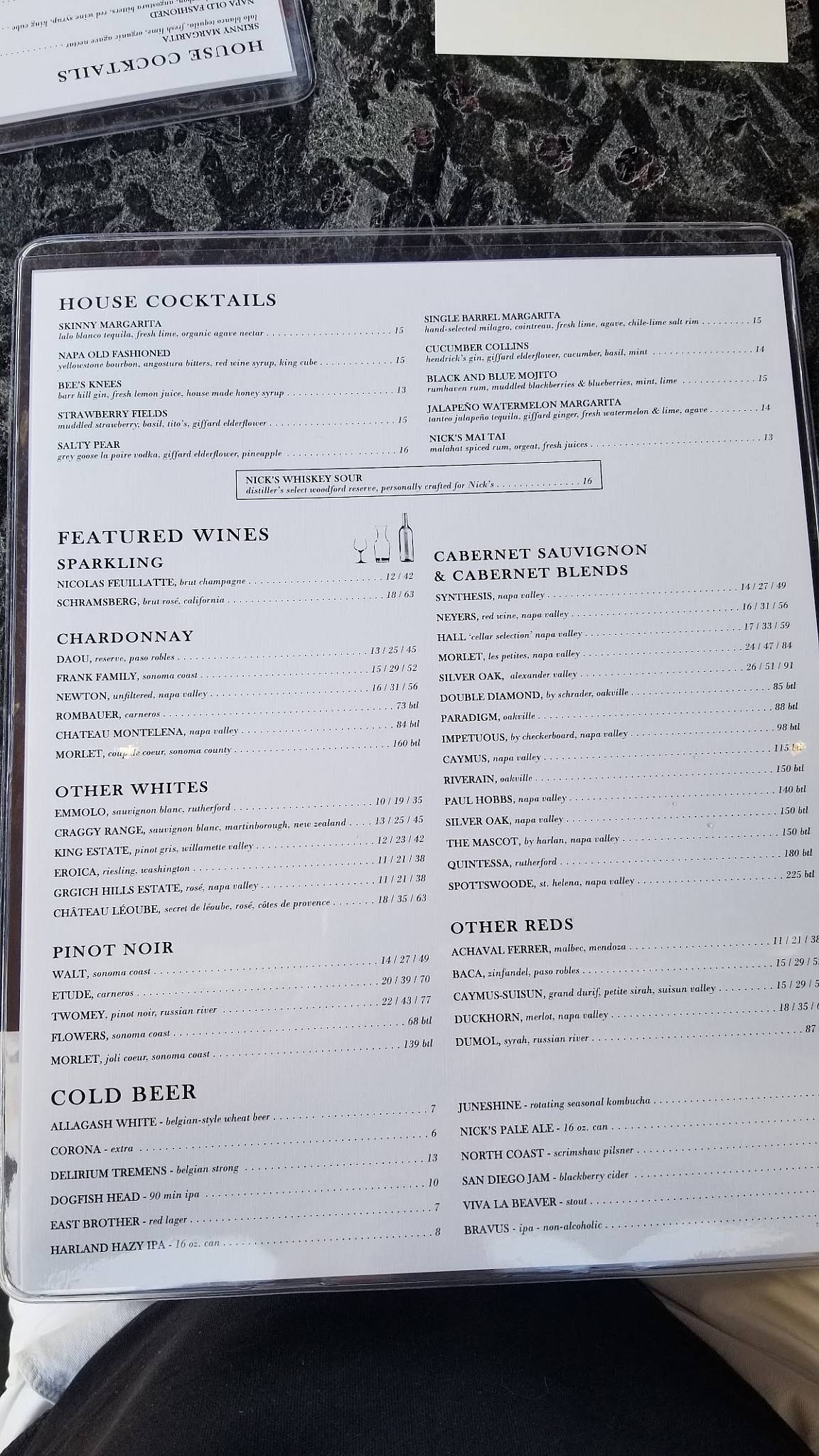 Menu at Nick's on State steakhouse, Carlsbad