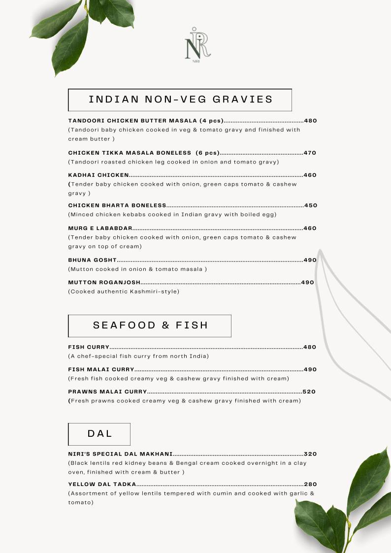 Niri's Park View Restaurant menu