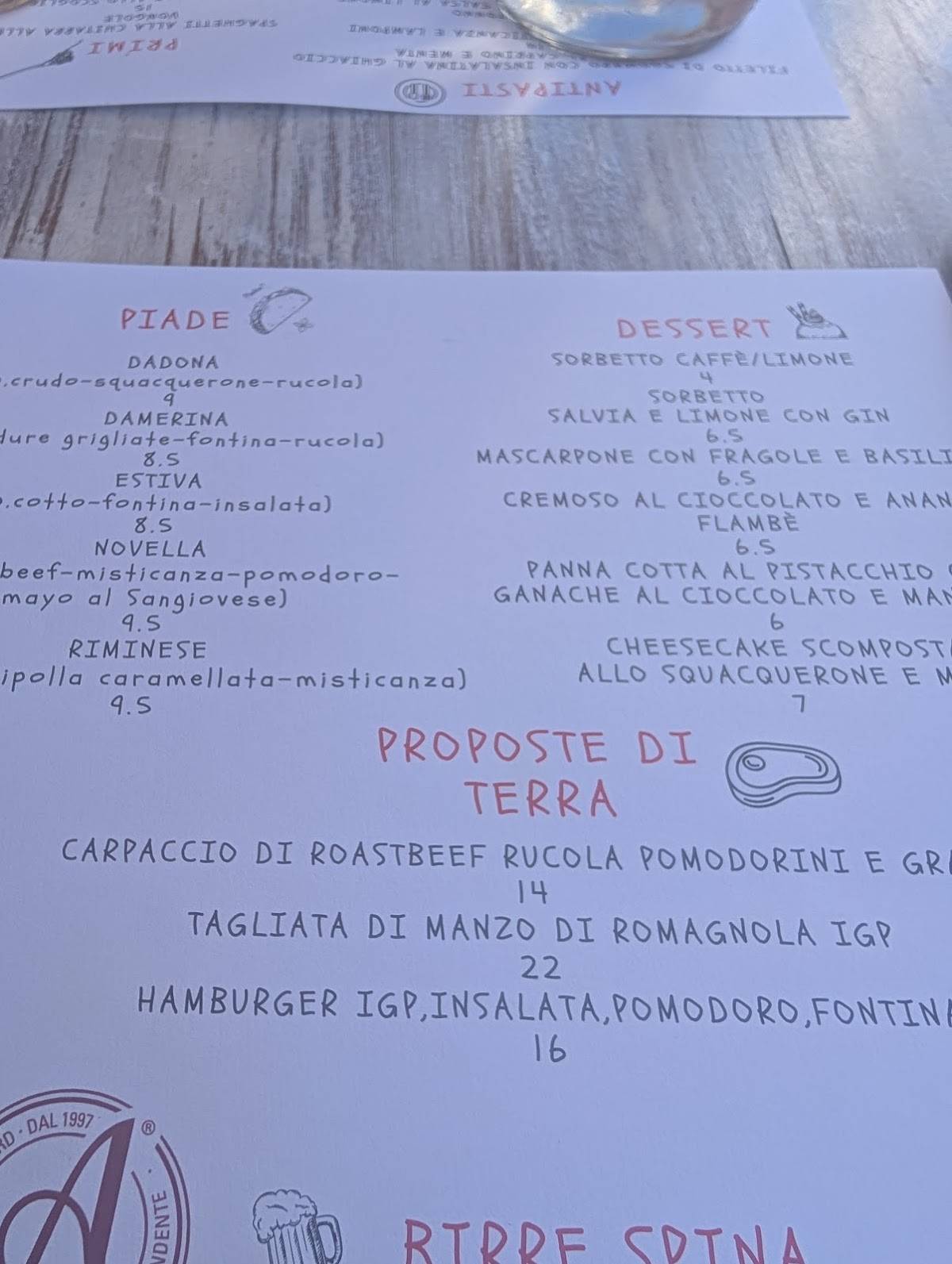 Menu de NoSTrano Beach
