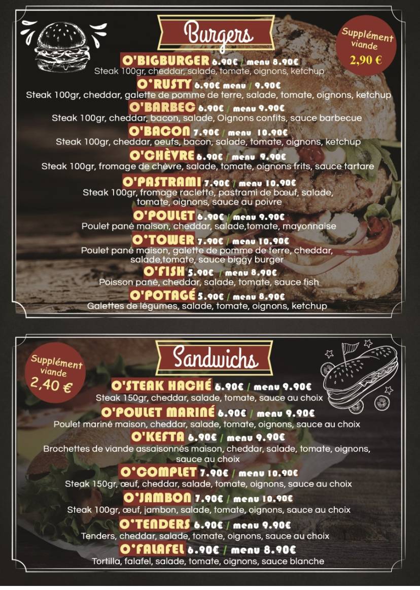 Menu de O'Burger Nice