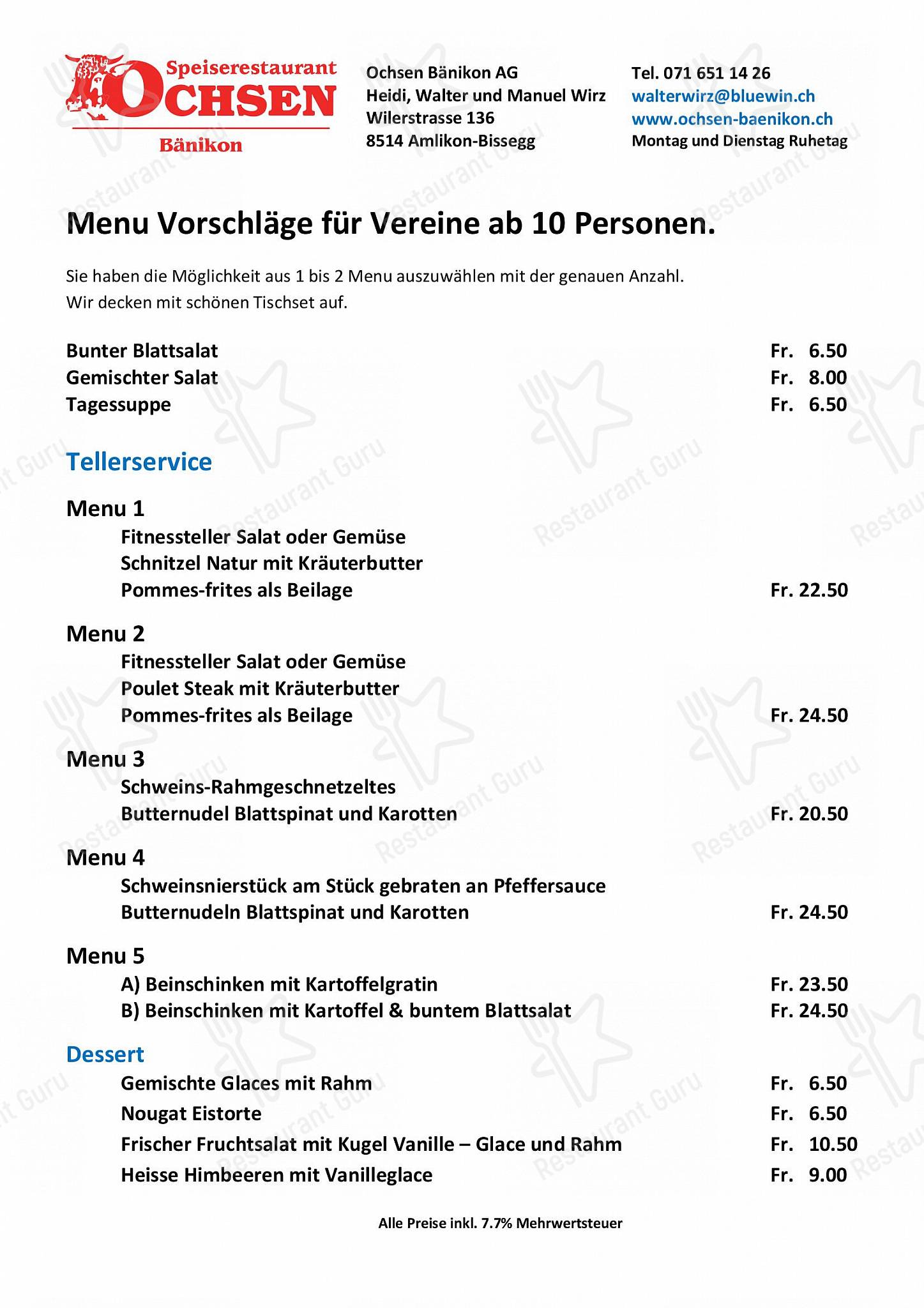 Speisekarte Von Restaurant Ochsen B nikon Amlikon Bissegg