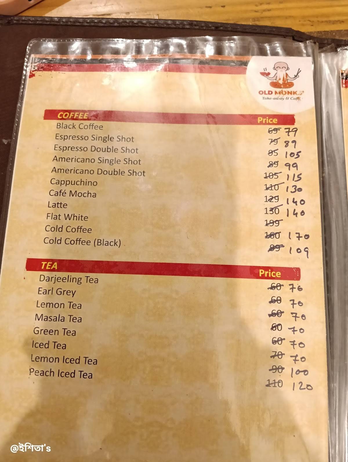 Old Monks' Cafe & Take-Away menu