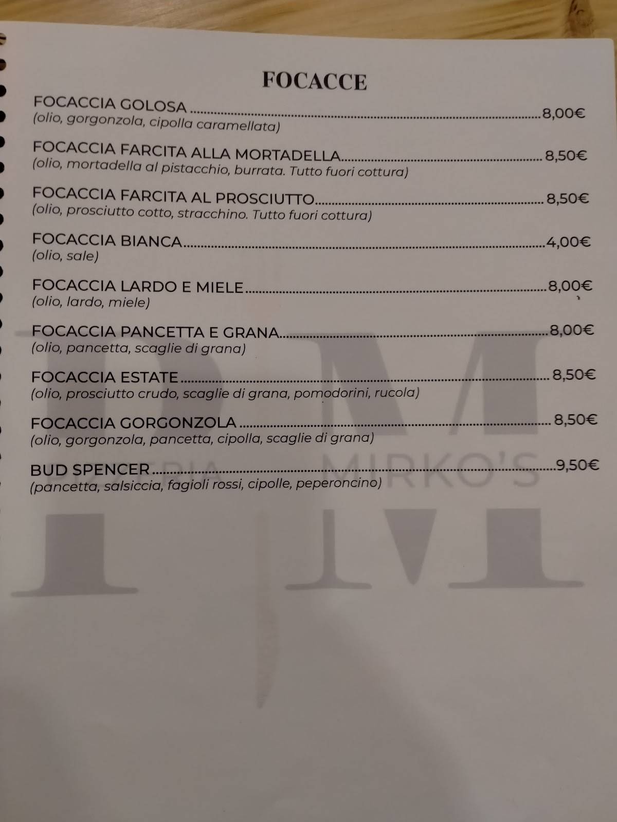 Menu di PIZZERIA MIRKO'S 