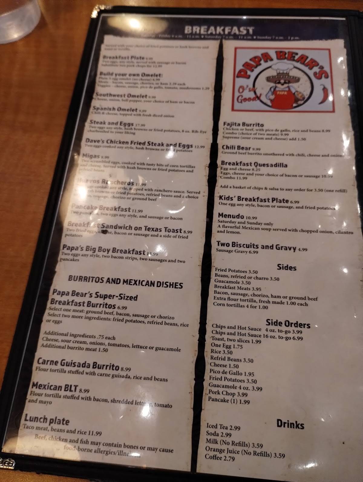 Menu at Papa Bear's restaurant, Waco