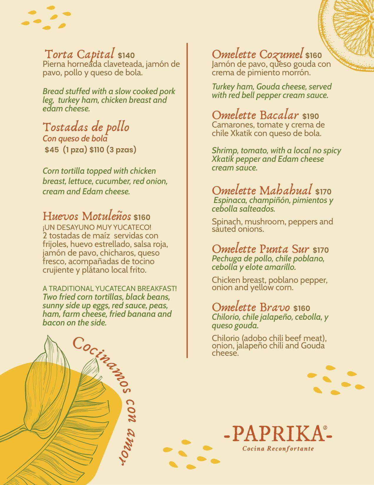 Menu at Paprika Mexican & Caribbean kitchen restaurant, San Miguel de