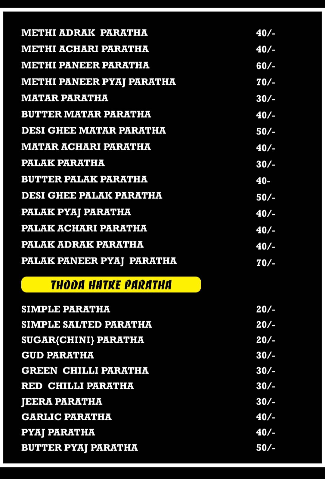 Paratha Junction menu