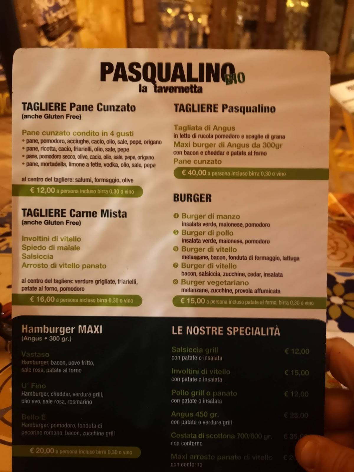 Menu di Pasqualino Tavernetta Bio 