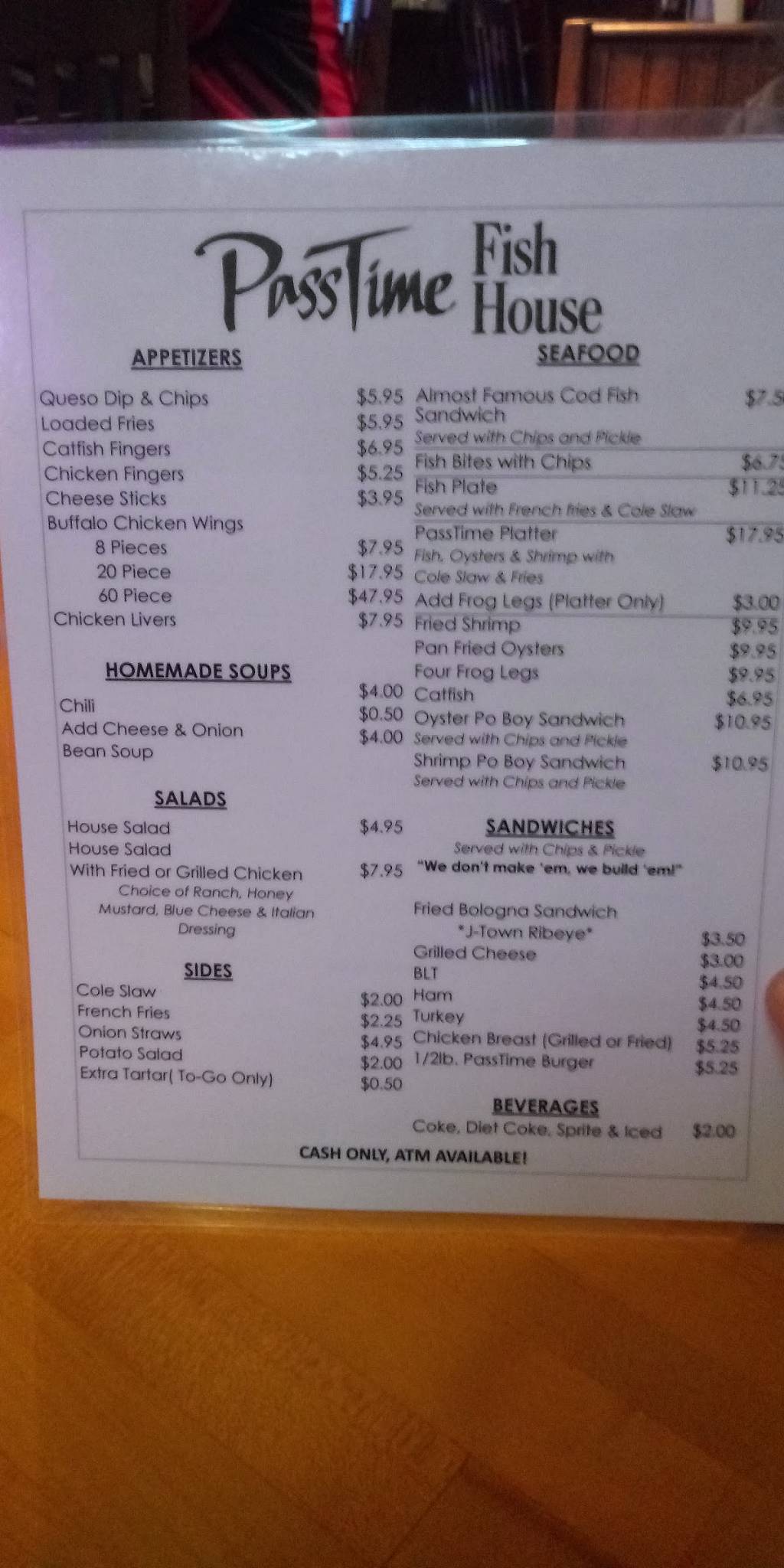 Menu at Passtime Fish House restaurant, Louisville
