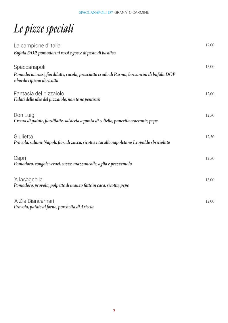 Menu di Pizzeria Ristorante Spaccanapoli 187 Granato Carmine 