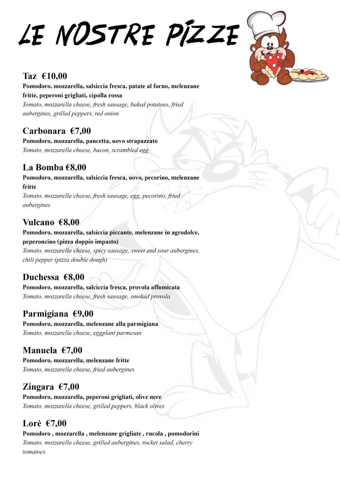 Menu di Pizzeria Taz 