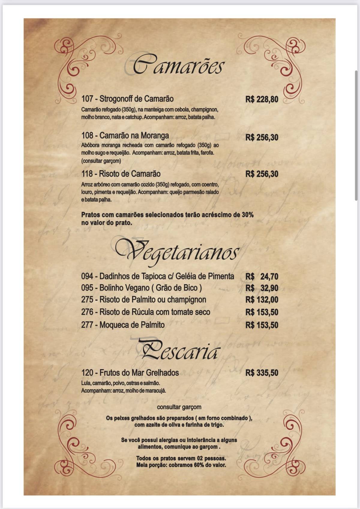Ponta das Caranhas cardápio