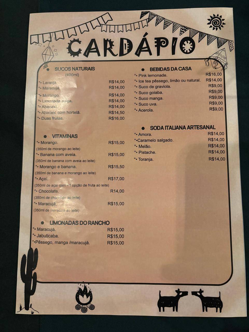 Rancho Café na Roça cardápio
