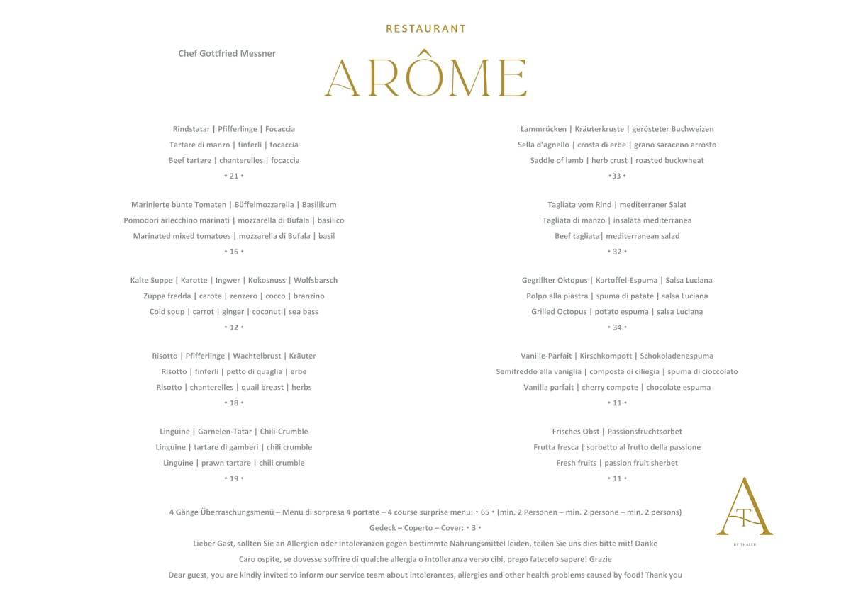 Menu di Restaurant Arôme Thaler 