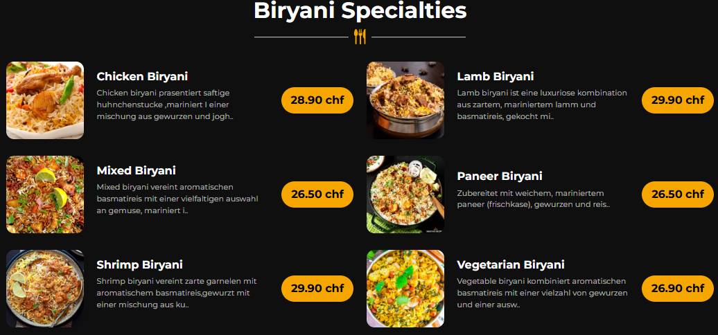 Menu di India4U Bern – Authentic Indian Restaurant & Curry House. 