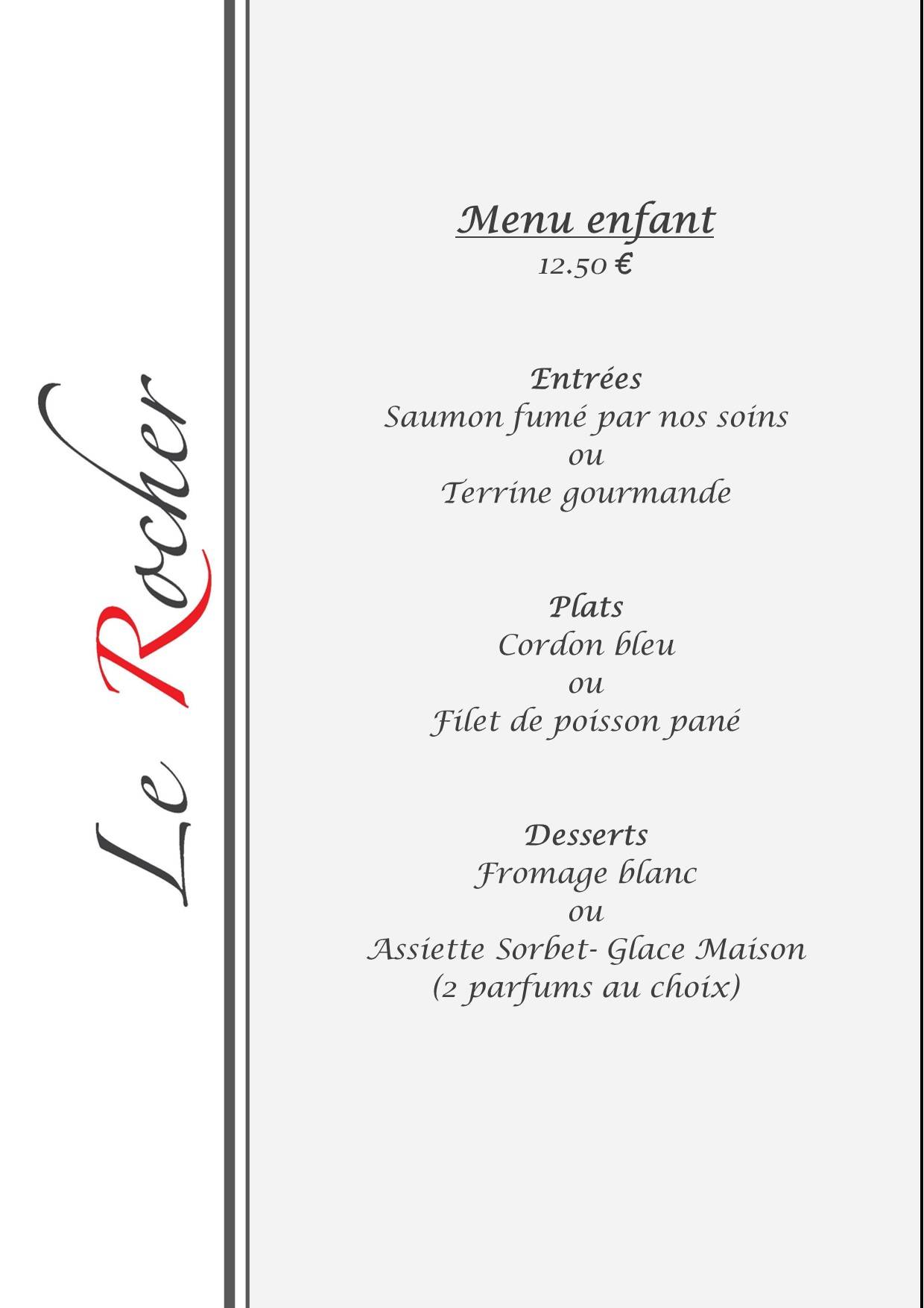 Menu de Restaurant Le Rocher