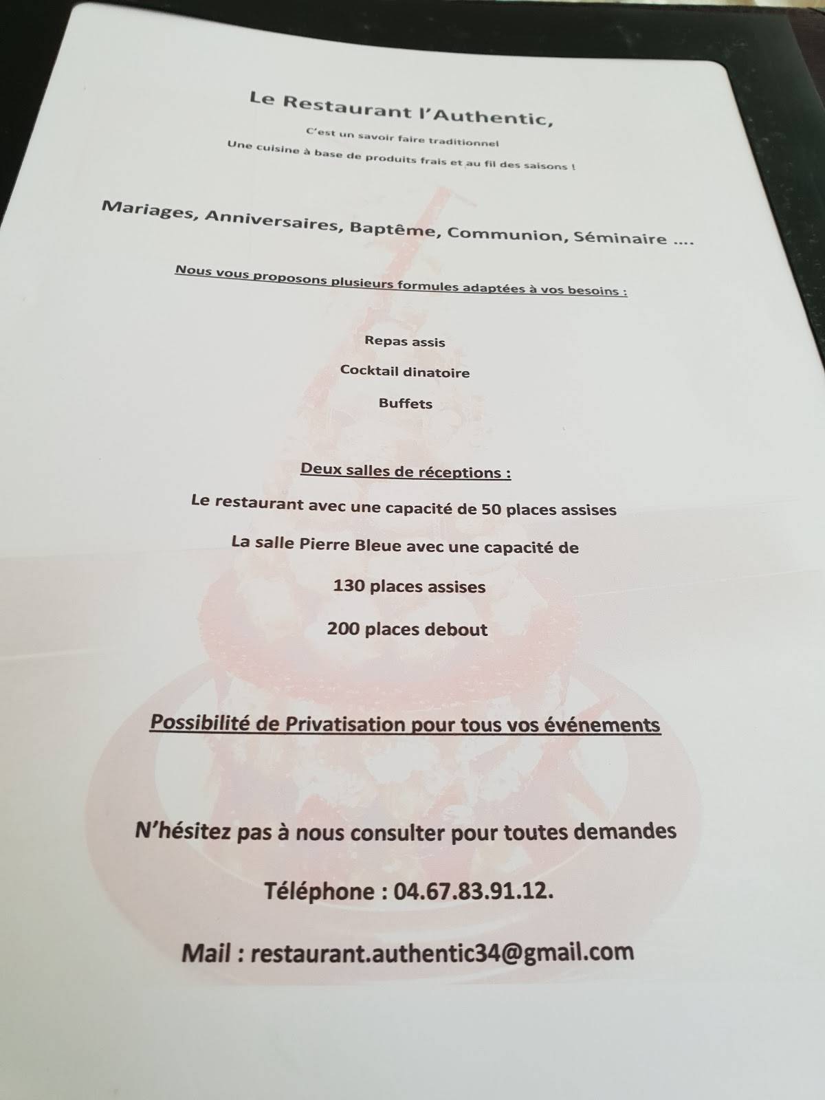 Menu de Restaurant l'Authentic