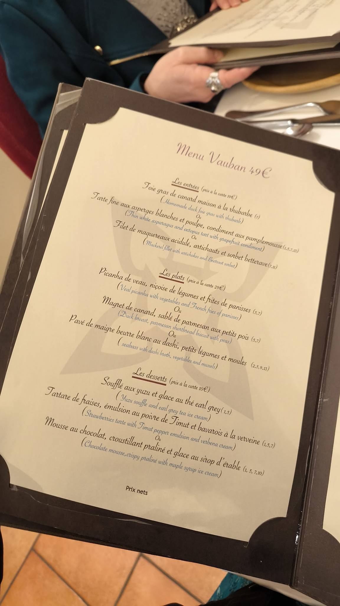 Menu de Restaurant le Vauban