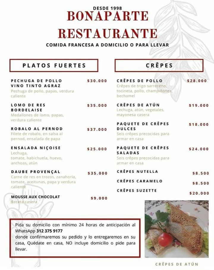 Carta del restaurante Crêperie Le Bonaparte, Bogotá, Cra. 8 1119