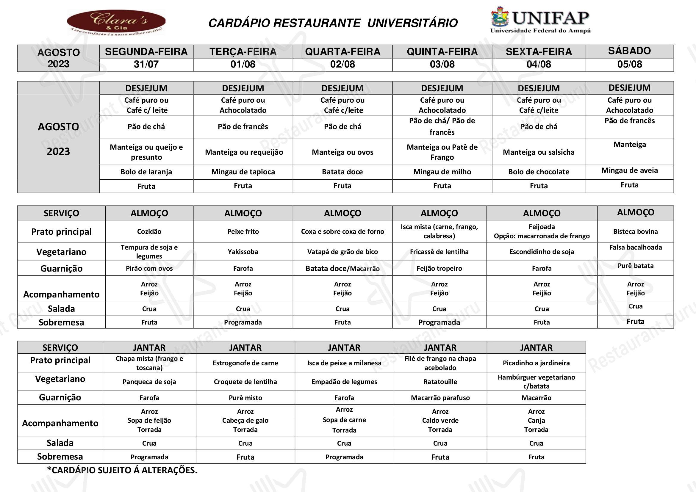 Diner Menu para Restaurante Universitário - UNIFAP restaurante
