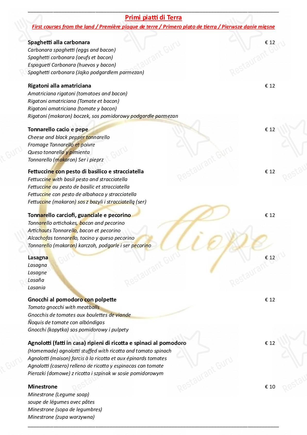 Menu di Ristorante Calliope - pasti e bevande