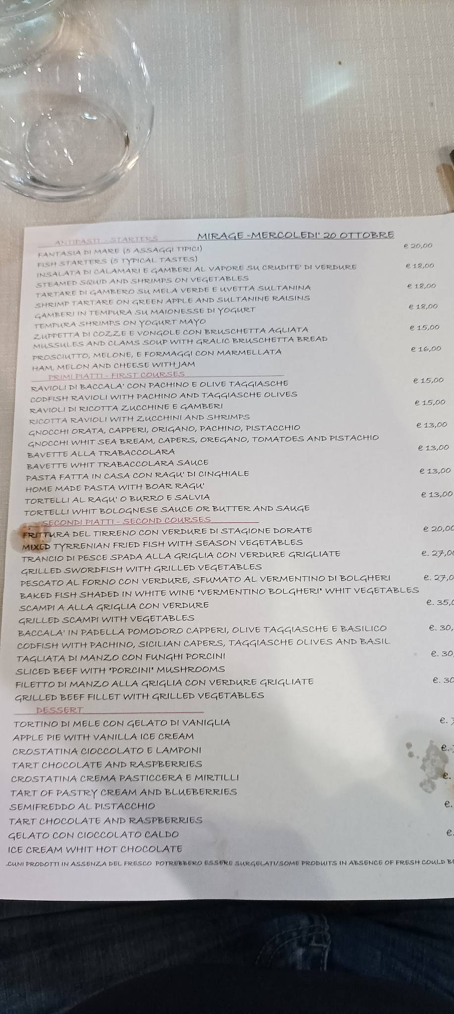Menu di Ristorante Mirage 