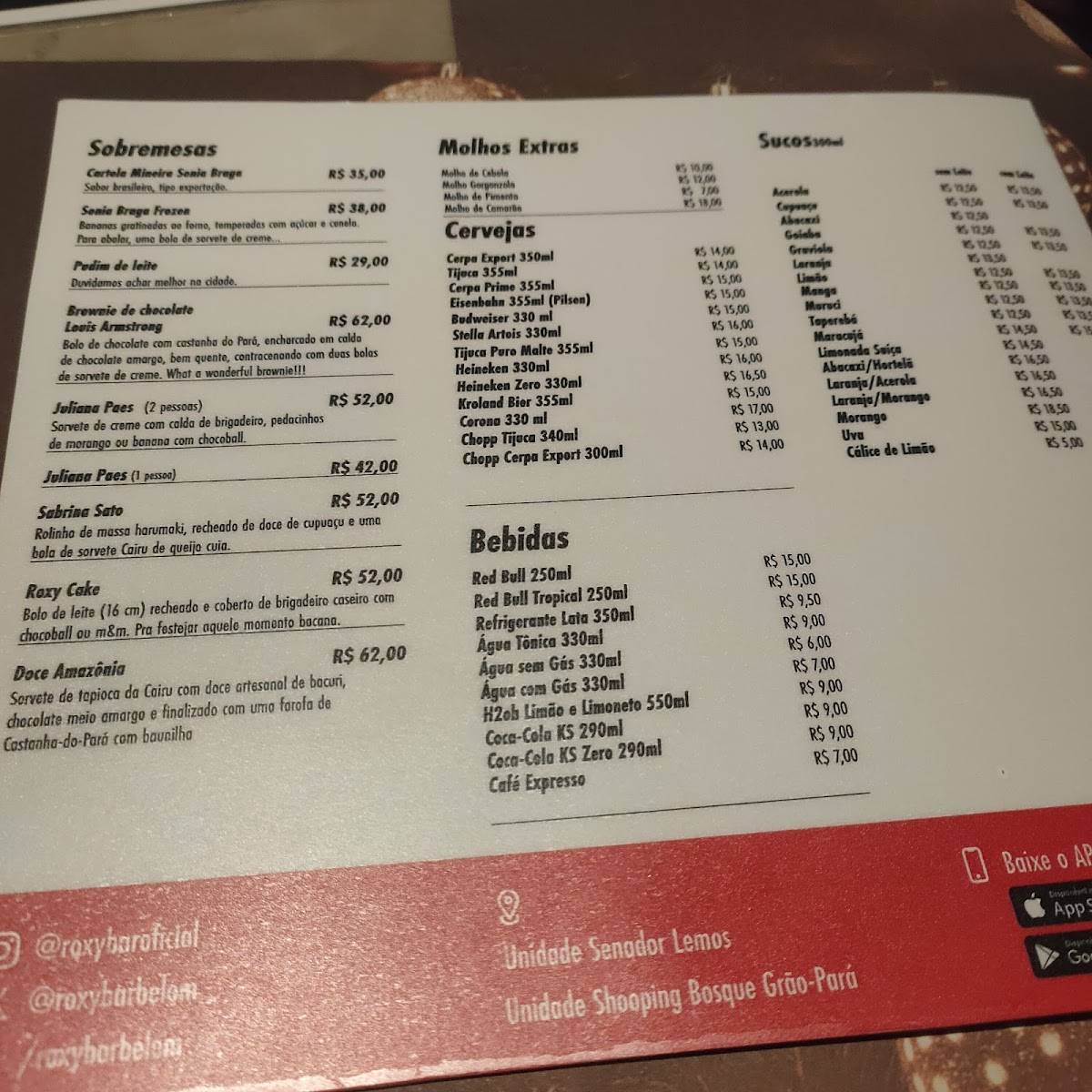 Roxy Bar cardápio