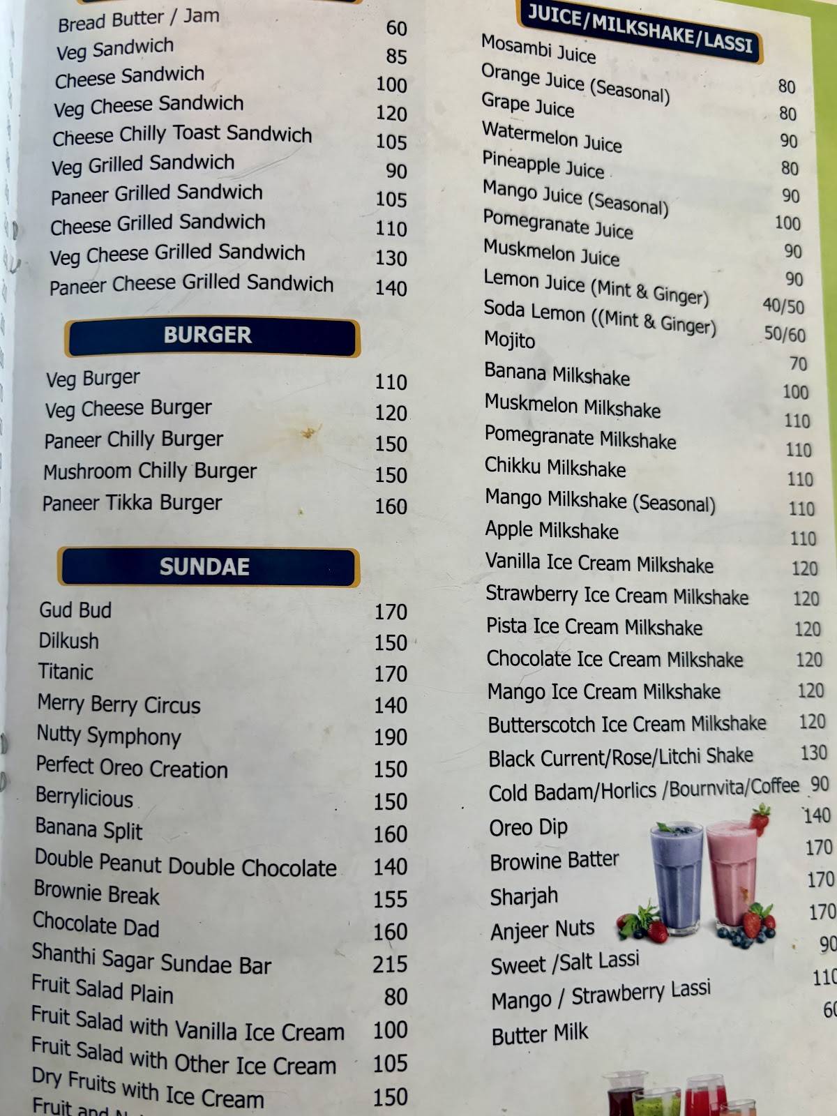 Shree Shanthi Sagar menu