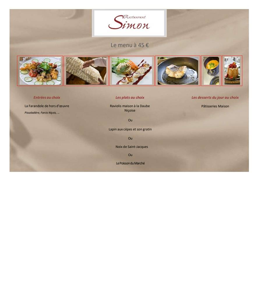 Menu de Restaurant Simon Cuisine méditerranéenne - Spécialités Niçoises Falicon