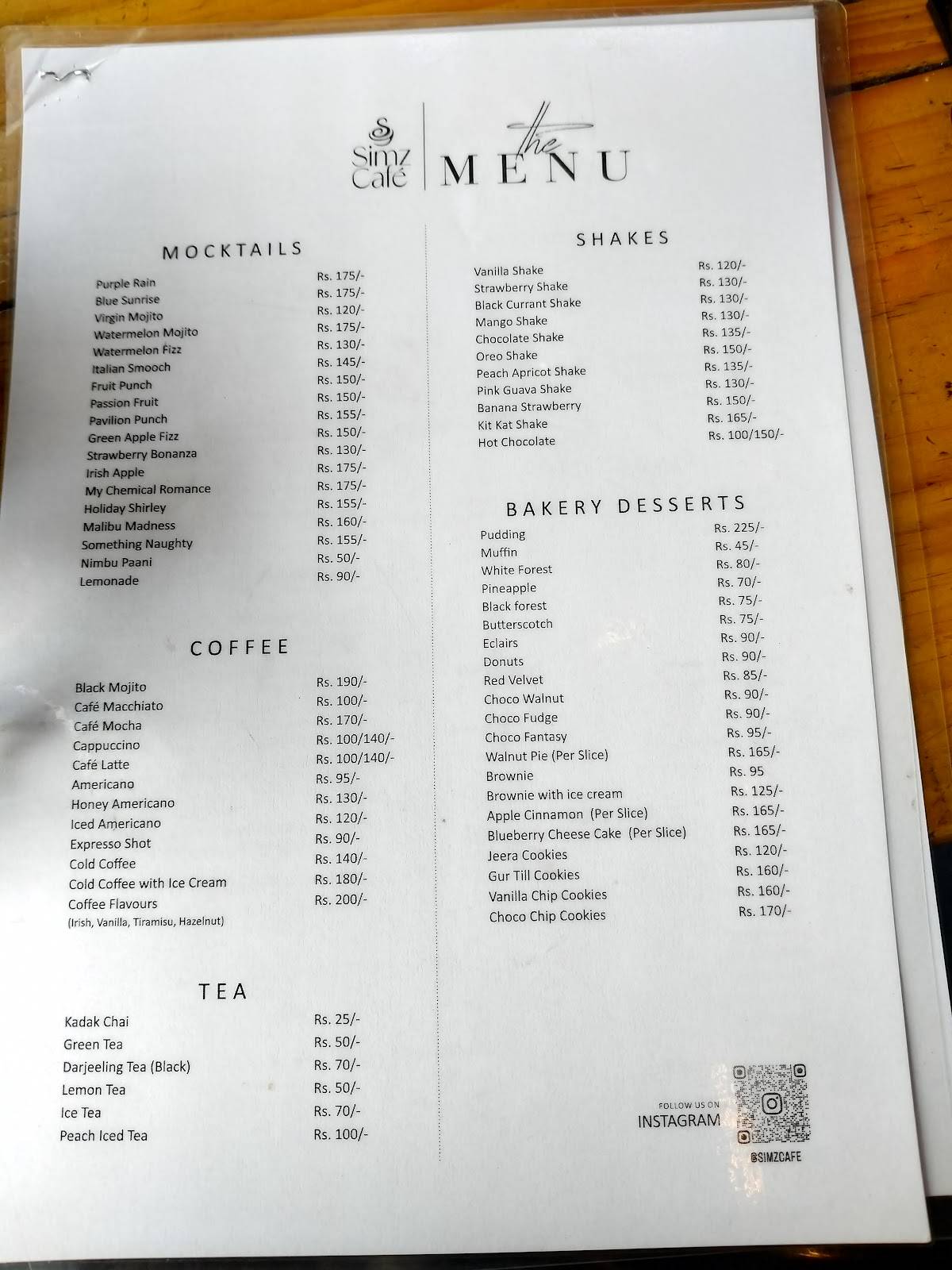 Simz Cafe - Cafe and Restaurant menu