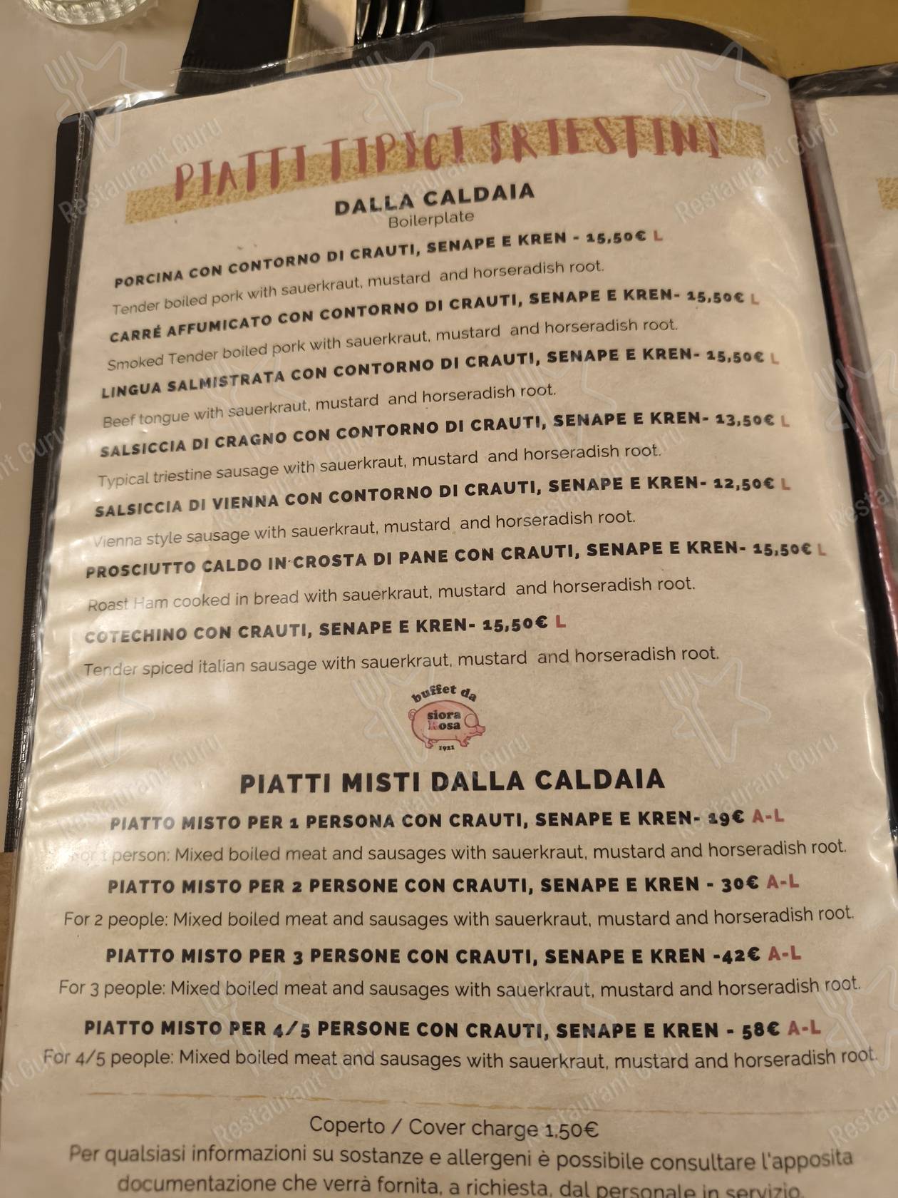 Menu di Siora Rosa - piatti e bevande
