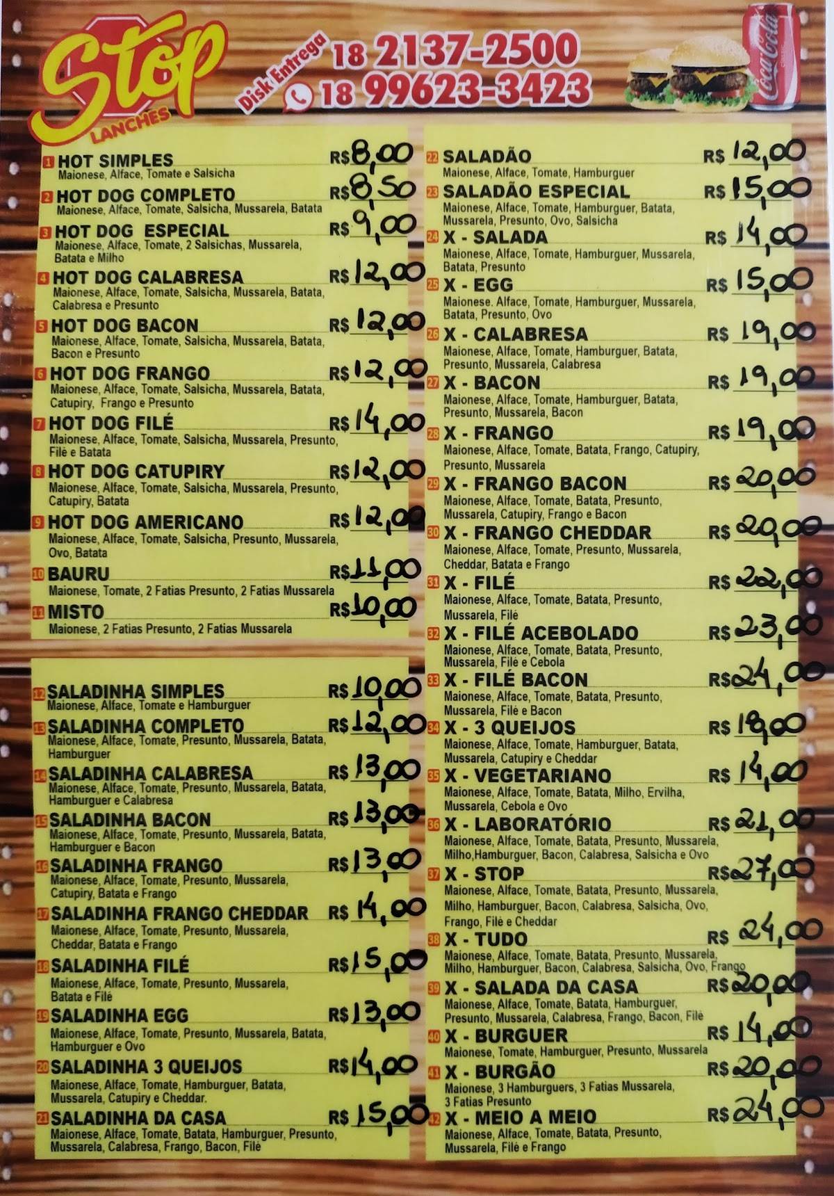 Stop Lanches cardápio