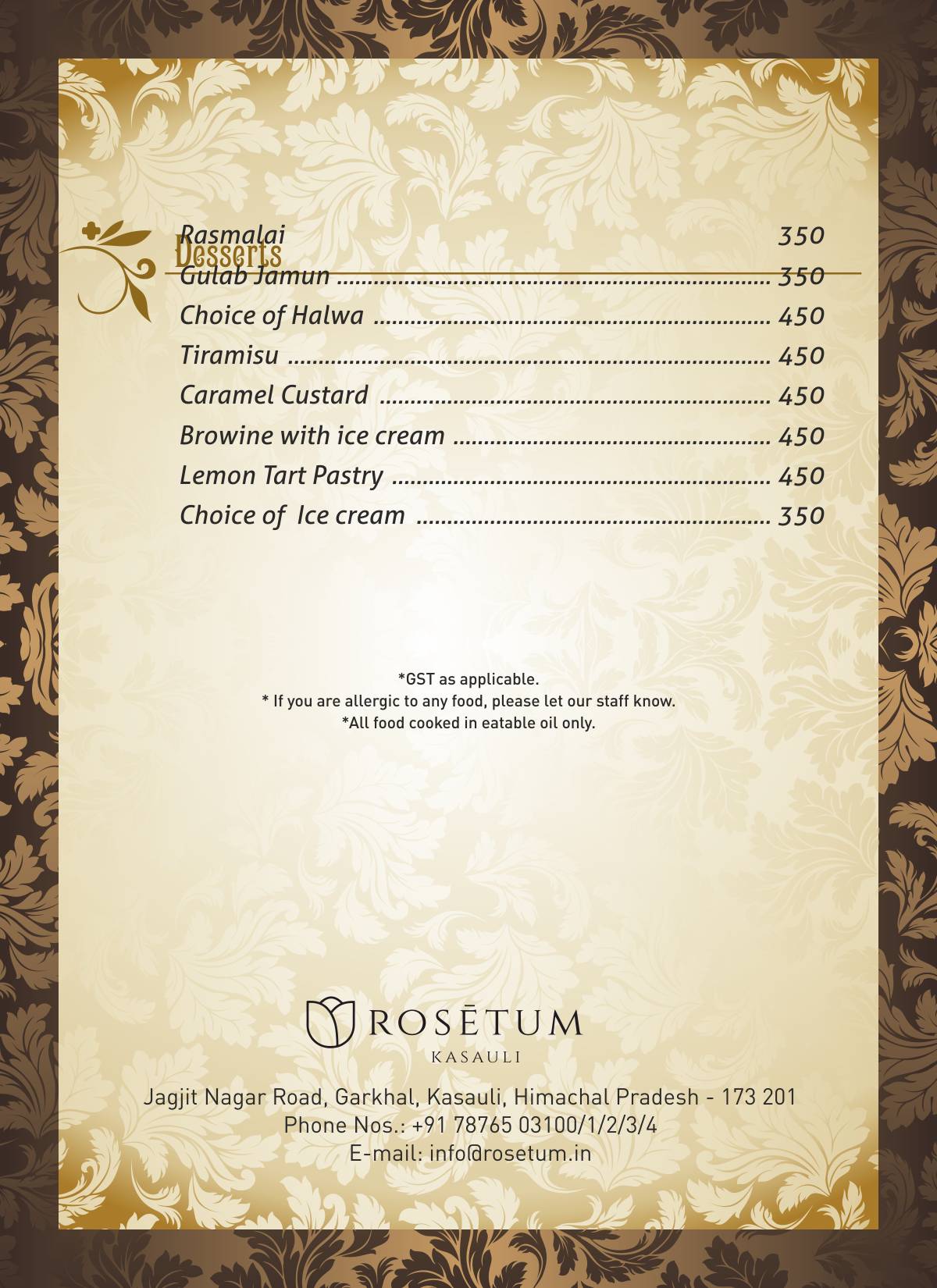 Sunset Restaurant and Bar menu