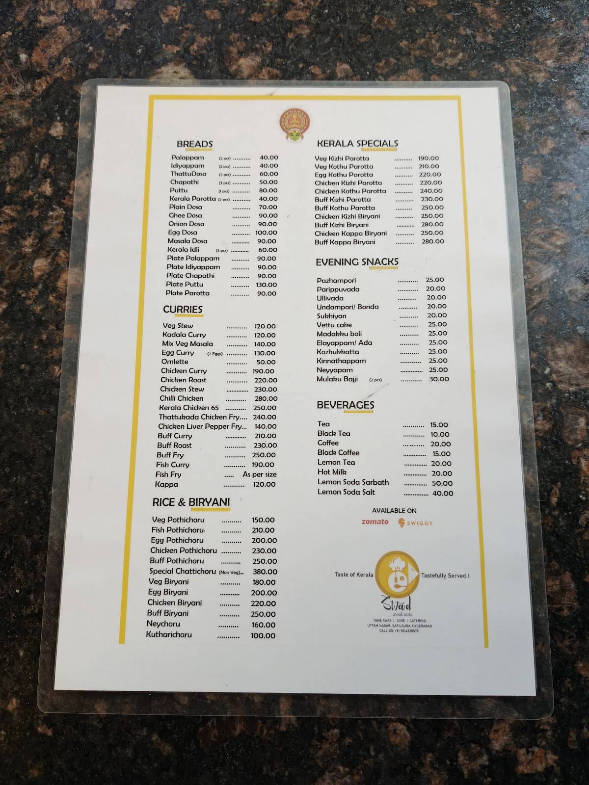 Swad Assal Taste Kerala Restaurant menu
