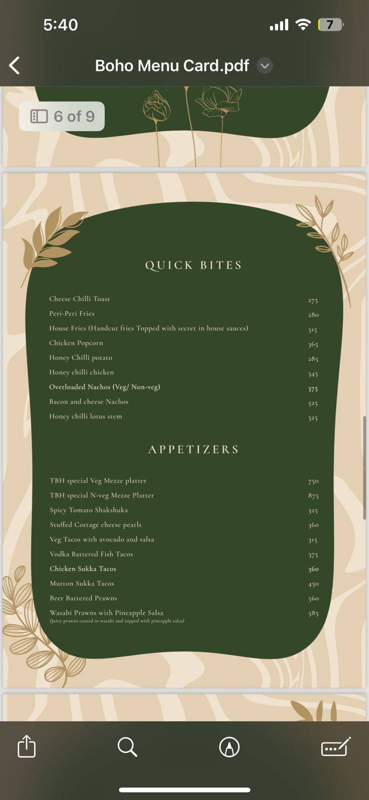 The Boho House Cocktail Bar menu