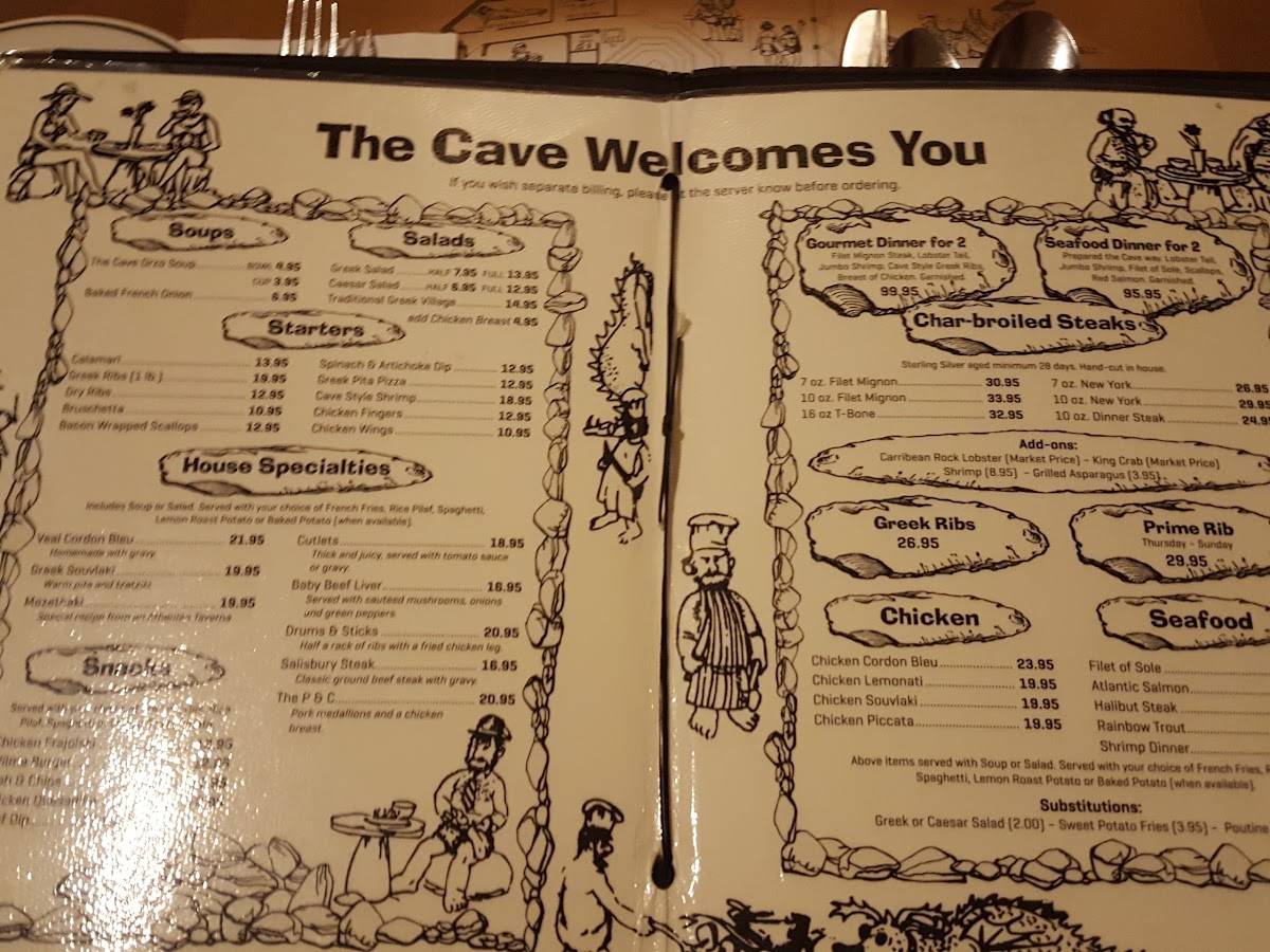 Menu at The Cave restaurant, Saskatoon