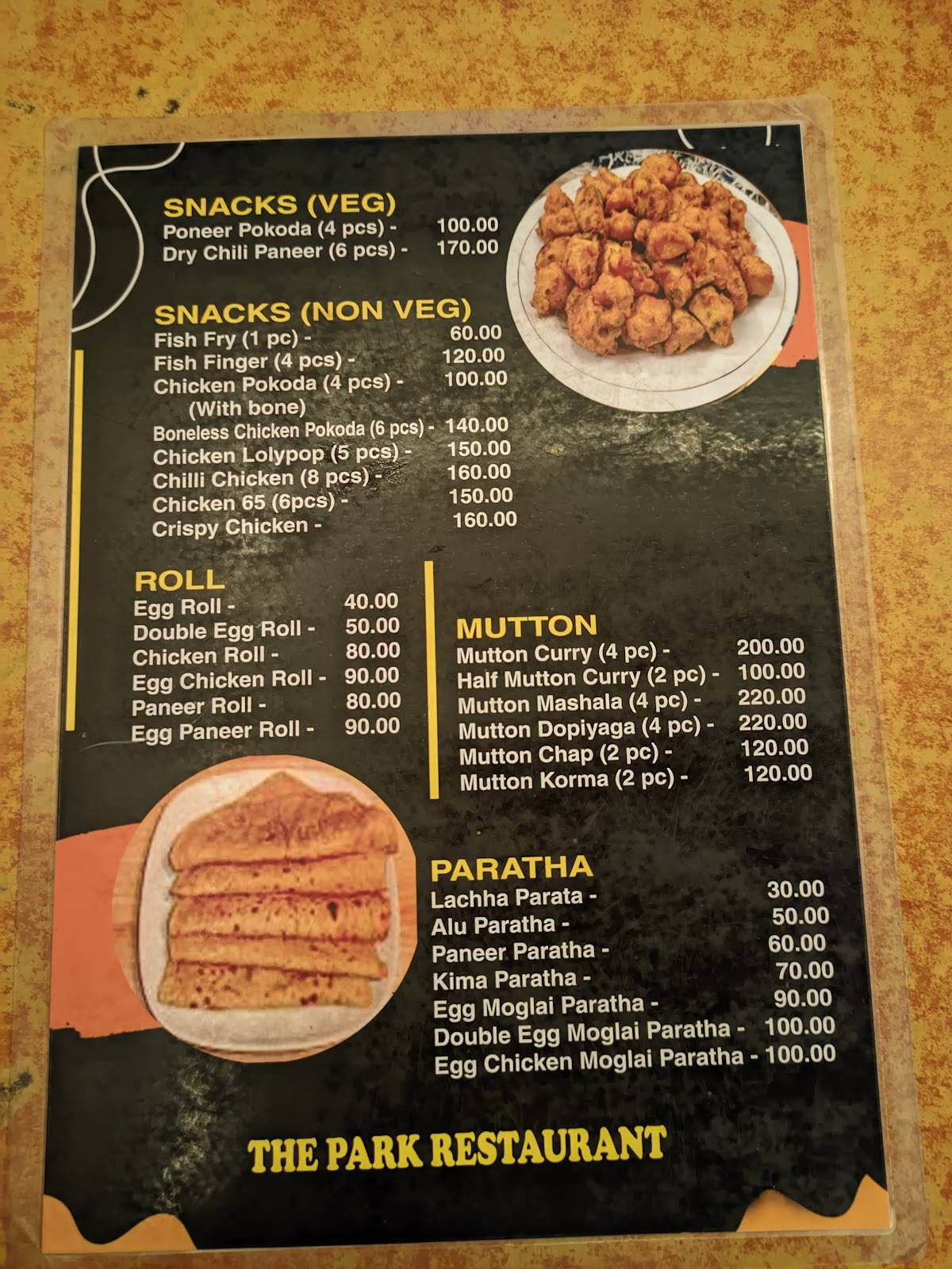 The Park Restaurant menu