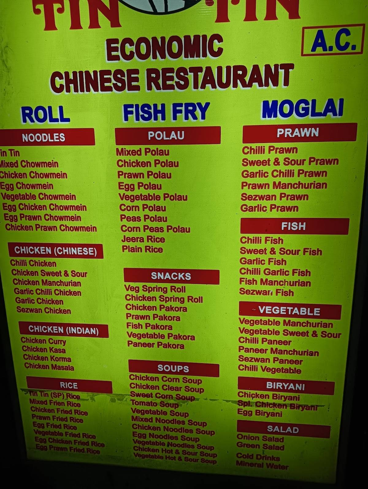 Tin Tin Economic Chinese Restaurant menu